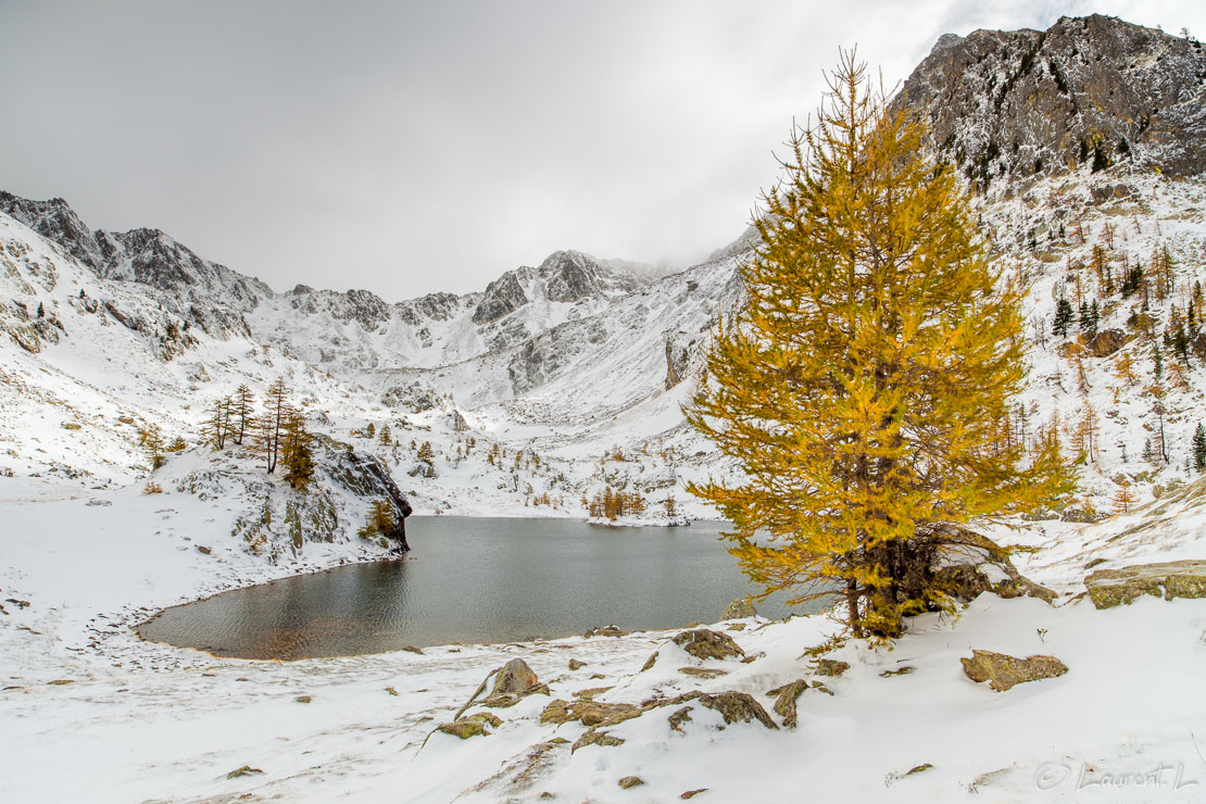 Le lac de Trécolpas enneigé  |  1/100 s à f/11 - 100 ISO - 21 mm  |  18/10/2010 - 13:51  |  44°6'60" N 7°20'22" E  |  2167 m