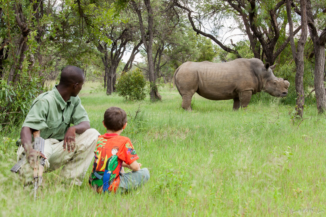 Nathan, le ranger et le rhinocéros blanc (Matobo National Park)  |  1/80 s à f/11 - 400 ISO - 89 mm  |  27/12/2010 - 16:14  |  20°33'59" S 28°26'44" E  |  1246 m