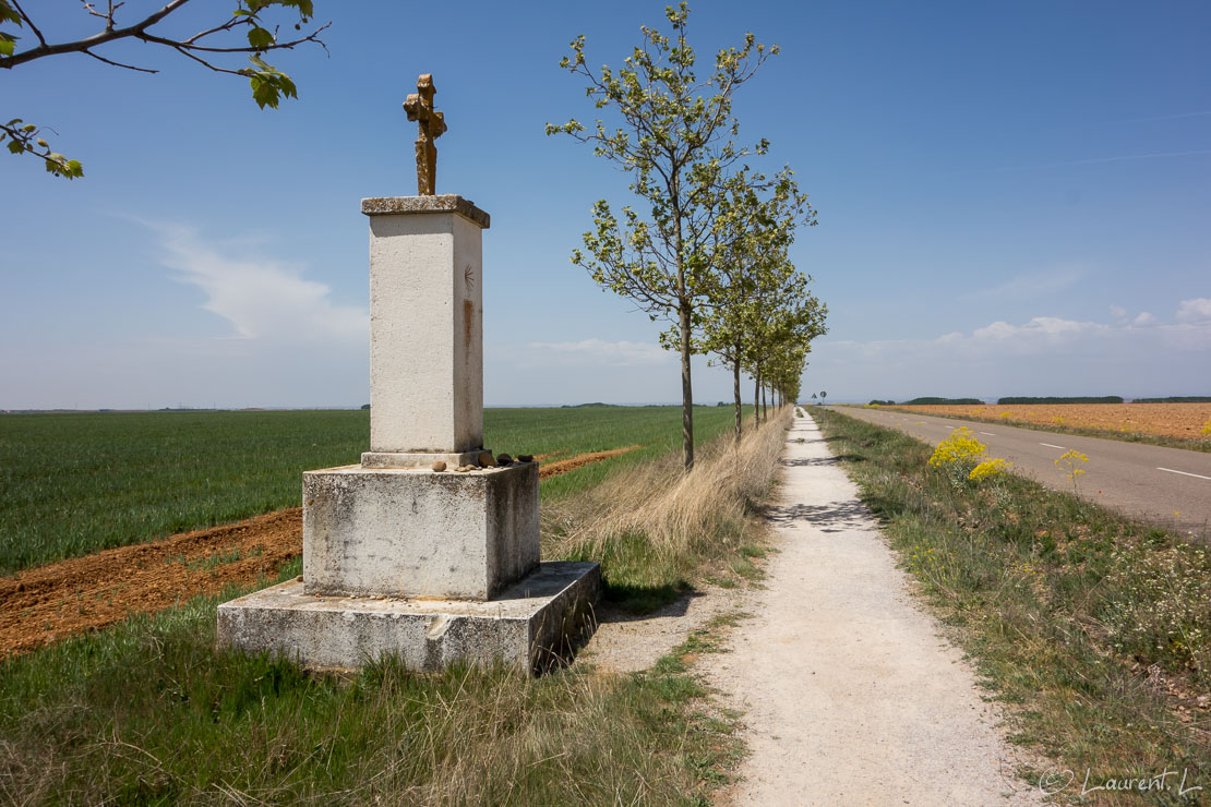 Etape 59 : Sahagún ↔ Reliegos-de-las-Matas (31,9 kms)  |  24/04/2017 - 13:56  |  Comme mon objectif de départ en cette année 2017 est d'atteindre la grande ville de León en deux jours, je me risque à faire plus de 30 kilomètres pour cette cinquante-neuvième étape. Au menu, je longe une route peu fréquentée et plus loin, une voie ferrée et une autoroute. Les paysages sont monotones, mais je suis enthousiaste à l'idée d'aller au bout du Chemin cette nouvelle année. Il fait particulièrement chaud sur cette étape et l'après-midi paraît interminable. Mais j'arrive à bon port pas trop fatigué et sans ampoules. Le tenancier du gîte n'est pas très sympathique, mais mes compagnons de chambrée français et anglo-saxons sont avenants.