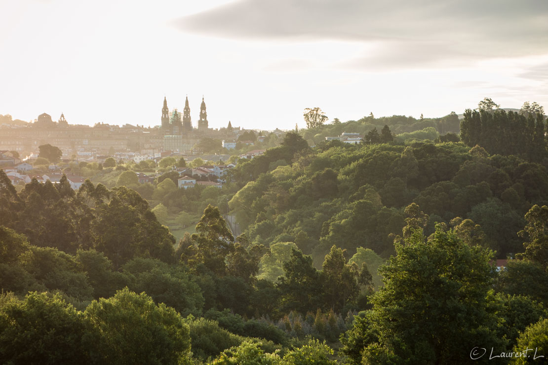 Etape 72 : Santiago-de-Compostella ↔ Vilaserio (34,7 kms)  |  07/05/2017 - 08:00  |  Je n'ai pas honte de le dire : cette étape m'a bien fait souffrir. Plus par la nature du Chemin sur des routes de campagne goudronnées en plein soleil et après une nuit agitée que par la distance parcourue. Les paysages sont certes à la hauteur (comme ici après mon départ de Santiago), mais je ne m'attendais pas à marcher sur du bitume une bonne partie de la journée. Résultat, j'hérite de deux ampoules. Le nombre de pèlerins a singulièrement diminué par rapport à la veille. Je croise une jeune italienne en partant le matin, une pèlerine avec qui je ferai étape à Vilaserio, un joli petit hameau de Galice.