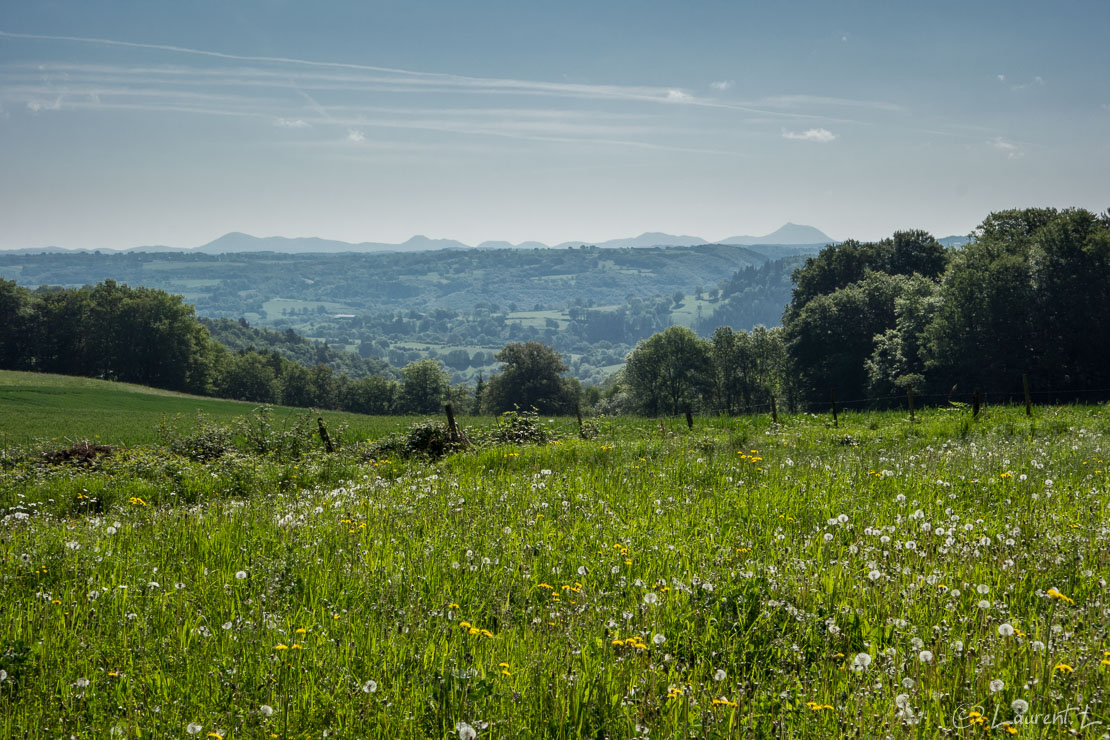 Etape 22 :  Condat-en-Combraille ↔ Pontaumur (13,5 kms)  |  20/05/2018 - 10:24  |  45°51'21" N 2°37'32" E  |  707 m  |  Un peu après Condat-en-Combraille, j'aperçois au loin d'abord le Puy-de-Dôme (ici à droite). Toute la chaîne des Puys se découvre ensuite. Je savoure ce moment avant d'entrer dans Pontaumur qui se trouve un peu à l'écart du GR4. De là en début d'après-midi je dois attraper un bus pour Clermont-Ferrand, pour rentrer chez moi en co-voiturage le lendemain, lundi de Pentecôte.