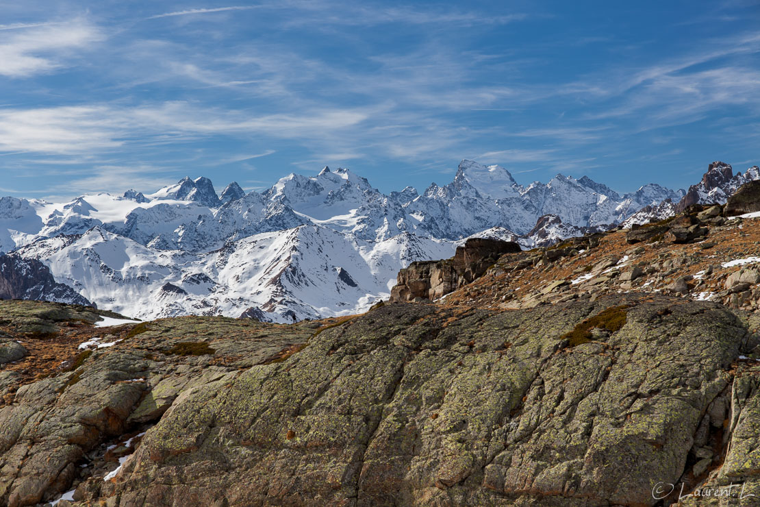 Depuis les Gardioles, panorama sur les Ecrins  |  1/100 s à f/7,1 - 100 ISO - 70 mm  |  28/10/2016 - 12:40  |  45°3'33" N 6°33'58" E  |  2718 m